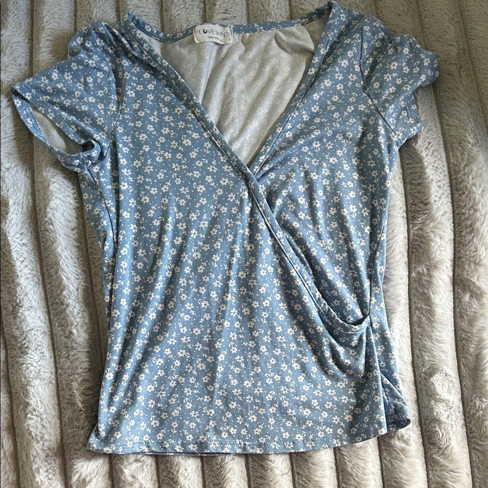 Love Tree Sky Blue Floral Wrap Top
